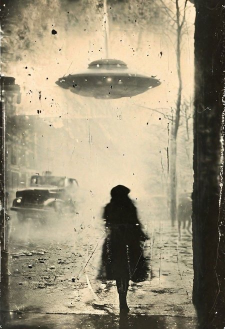 B&W 35mm vintage street photo of an UFO flying  in NY     <lora:Vintage_Street_Photo:1.0>