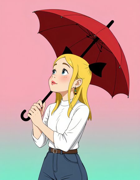 Digital illustration in Chubz & Waffles style, featuring a young blonde girl with a black bow adorned on her head, holding a red umbrella while gazing upwards at the sky; she wears a white blouse and blue jeans complemented by elegant dangling earrings; against a backdrop of pink above and teal below, the scene captures an atmosphere of playful whimsy; highly detailed, vibrant colors, 4K resolution. undefined undefined undefined, Jedtoon, cartoon