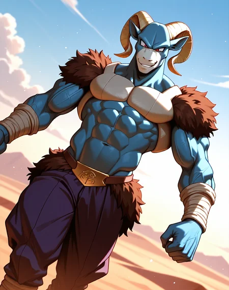 <lora:Moro_3rd_Form_(Dragonball_Z)_(Illustrious)_(AD):1.3> Moro, muscular, goat, 
((
dutch angle, exterior, desert, sky with detailed clouds, 
male focus, gradient coloring, solo, cowboy shot, bent leg, perfect proportions, hyper muscular, veiny muscles, goat head, blue body, sexy, large shoulders, large biceps, large thighs, abs, soft shading, evil smirk, 
)), 
BREAK very awe, aesthetically pleasing, masterpiece, best quality, amazing quality, very aesthetic, perfect depth of field shot, in'ei, furry_art, source_furry, source_anime, 
EZRealPONYXL, zPDXL, Smooth Quality, lazympos, IllustQualXL_Pos,
