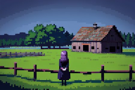 (otherworldly), highly insanely detailed, masterpiece, top quality, best quality, highres, 4k, 8k, RAW photo, (very aesthetic, beautiful and aesthetic), farm, fields, barn, fence, fantfa, <lora:FantasyFarm-10:0.3>, 
1girl, 
(purple hair ), 
(navy blue background),âââ