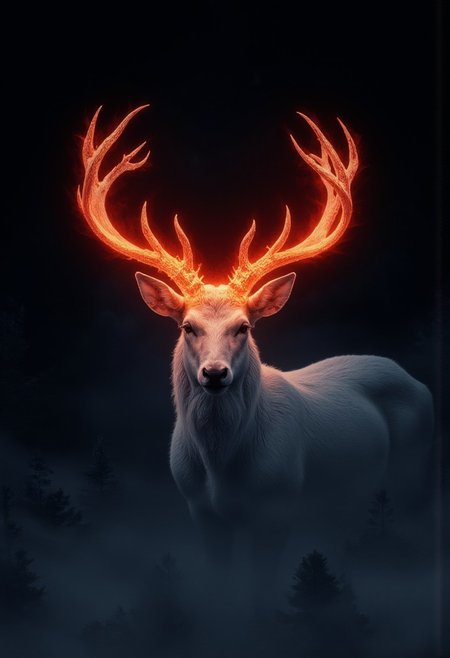 A high-quality photograph captures a white stag emerging from a black fog during a Nordic winter night. Only its head and shoulders are visible, glowing vividly under a striking orange-red light. Its antlers, like molten iron, radiate an intense, fiery hue that pierces the dark. The white fur shimmers faintly against the shadowy backdrop, while the rest of its form dissolves into the black fog, creating an eerie, surreal ambiance. The rest of the pine forest is barely visible, hidden in the surreal magical fog. Reminiscent aurora borealis light in the sky.
