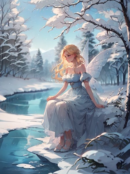 score_9, score_8_up, score_7_up, score_6_up, score_5_up,   <lora:snowXLP:1> snow, winter, 1girl, dress, blonde hair, solo, snow, sitting, wings, long hair, tree, bare shoulders, blurry, winter, river