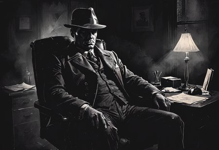 drawing of a moody detective asleep sitting in his office chair in his detective office, film noir style, dark room, <lora:add-detail-xl:-1>,  <lora:Dark_Novel:0.7>