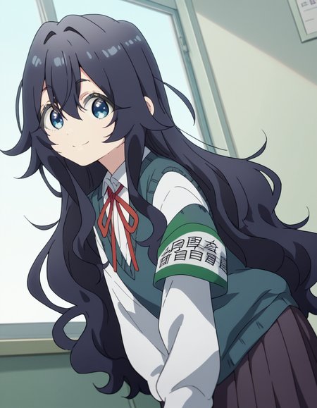 score_9, score_8_up, score_7_up, source_anime,
shizukayoshimoto, <lora:shizuka-yoshimoto-s1-ponyxl-lora-nochekaiser:1>,
shizuka yoshimoto, long hair, bangs, blue eyes, black hair, hair between eyes, wavy hair,
skirt, shirt, ribbon, school uniform, white shirt, pleated skirt, red ribbon, neck ribbon, armband, sweater vest,
indoors, classroom, bent over, smile,
looking at viewer, cowboy shot, dutch angle, solo,