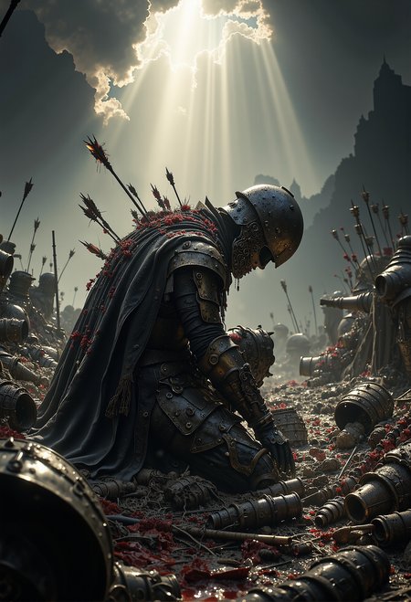 A medieval battlefield aftermath scene, side view of a battle-worn soldier in full armor, kneels in the mud. his body sagging under the weight of numerous arrows embedded in his back. With his head bowed and only the faintest remnants of strength keeping him upright, he stands as a grim testament to sacrifice. His helmet is dented and bloodstained, his once pristine armor now tarnished and worn. The scene is framed in a side view, capturing the tragic yet heroic moment as god rays break through dark clouds, casting dramatic backlighting that highlights the soldierâs silhouette. The atmosphere is heavy with the air of glorification, a somber tribute to his final moments. The faint glow of the light contrasts with the brutal carnage of the battlefield around him, giving the image an epic and awe-inspiring tone. <lora:flux.1_lora_flyway_Epic-detail_v2.safetensors:0.3>, <lora:Elden_Ring_-_Yoshitaka_Amano.safetensors:0.9>,   <lora:black_fantasy.safetensors:0.5>,  <lora:aiai-Glimra-Flux-Dev-v2.safetensors:0.5>,