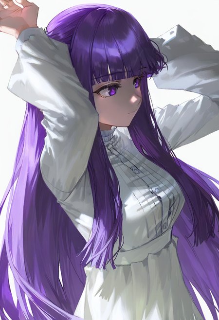 fern \(sousou no frieren\), 1girl, solo, long hair, purple eyes, purple hair, white background, simple background, dress, long sleeves, bangs, white dress, closed mouth, blunt bangs, arms up, upper body, very long hair <lora:quasarcakeXL_NBVP1_lokr_V6311P:0.95>