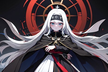 highly insanely detailed, masterpiece, top quality, best quality, highres, 4k, 8k, RAW photo, (very aesthetic, beautiful and aesthetic),  
beth_\(megami_tensei\),bethsmtii,shin megami tensei ii,long hair,black hair,straight hair,sleek black,jewelry,cross,headband,red_lipstick,white cape,cape_with_messian_symbol,Religious_cape,messian_symbol_cape,holy_knight_cape,bandana_with_messian_symbol,Religious_bandana,symbol_headband,messian_church_bandana,Tokyo_Millennium,post-apocalyptic_city,dystopian_world,Arcadia,Utopian_district,demon-free_zone,false_paradise,Private_mansion,guarded_residence,elite_dwelling,Millennium_News_Network,City_news,propaganda_broadcasts,information_contro,Order_of_Messiah,Religious_order,messianic_cult,divine_rulers, 
<lora:zs_Beth:0>, 
(1girl:1.3), 1other, 
grey background,âââ