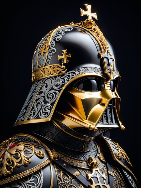 A masterful composition,  an angled cinematic studio photo of darth vaders helmet blended with that of a german knight (completely covered in silver and gold filigree: 1.6) , holy roman emperor, wearing an iron cross, scrollwork and inlays, gold aiguillette, gold mask, renaissance style, HDR, 8k, extremely detailed, attention to very small details, dark background with negative space , very dark, high contrast, bold shifts of light and dark, complex and multidimensional lighting,   <lora:add-detail-xl:1.4> , xlmrblng15-1300