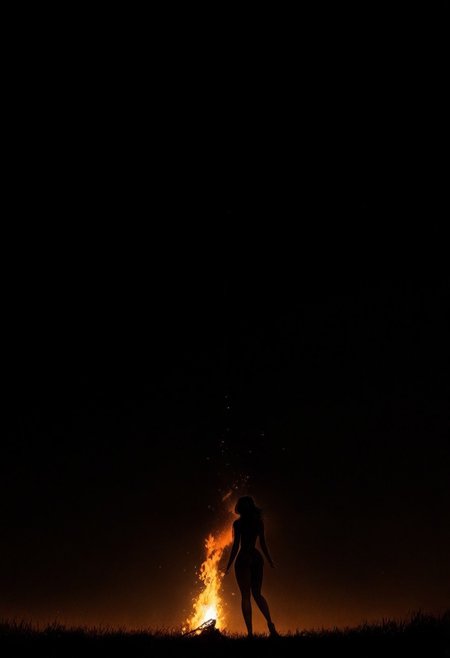 score_9,score_8_up,score_7_up, The image shows a silhouette of a person in front of a large bonfire. The scene is at night, highlighting the contrast between the intense light of the flames and the darkness around them.
The person appears in profile, with one leg slightly raised, creating an expressive and dynamic pose. The silhouette stands out due to the background illuminated by the flames.
The flames are tall and appear intense, projecting sparks that spread upwards and to the sides, creating a sense of movement.
The darkness around them enhances the effect of the fire as the main source of light in the scene, giving a mystical and dramatic tone to the photo.
The composition creates an atmosphere of mysticism and celebration, highlighting the contrast between light and shadow.