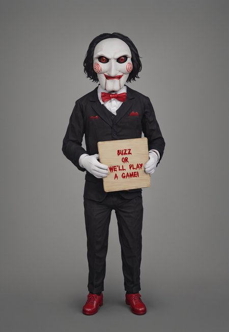 <lora:billy_s@w, puppet:1>, 1boy, black jacket, red bow tie, red shoes, black trousers, black sclera with red pupils, white skin, holding sign, sign that says "Buzz or we will play a game!", text, dark background, simple background