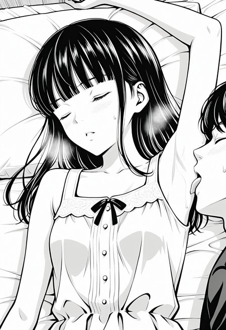 , intricate details, masterpiece, high quality, prefect hands, best quality,, 1girl, solo, detailed eyes , 
bed room ,
 <lora:Murata_test:1> muratakouji-style, monochrome, greyscale, Minase ,bangs, ,blunt bangs ,  long hair  , small breast , white dress , sleeveless ,sleeping , eye closed , 
<lora:Armpit_sex:0.7> spared arms ,licking armpit,licking, tongue,tongue out, hetero,1girl,1boy, lying, sweatdrop, steam, blush , parted lips ,