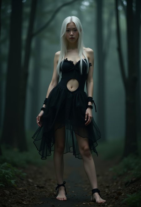 cinematic photo of a sexy character.  A beautiful young woman with long white hair stands gracefully in a dark forest. She is wearing a short, black, strapless, sleeveless, shoulder-less frilly mini-dress inspired by a wuxia style, featuring a midriff window that exposes her bellybutton and emphasizes her cleavage. Her outfit is complemented by black ribbons adorning her wrists, ankles, arms, and thighs. She is barefoot, with black-painted toenails and fingernails. Her pale skin contrasts elegantly with her dark attire, and her bare feet, hands, arms, and legs give her an ethereal and striking appearance. The high-quality photograph captures every detail of the scene, creating a masterpiece that highlights her seduction and the mysterious atmosphere of the dark forest.