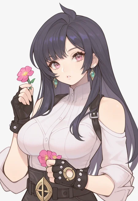 masterpiece, best quality,  <lora:Alpaca:1> 4lp4c4,  1girl, solo, long hair, flower, gloves, breasts, fingerless gloves, jewelry, earrings, holding, upper body, large breasts, looking at viewer, parted lips, simple background, bangs, bare shoulders, shirt