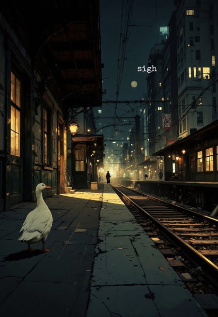 A solitary white duck stands prominent on the weathered platform of an abandoned train station, its back turned to the viewer so that the focus shifts to the long, gleaming rails stretching out toward a distant vanishing point, where a  distant train is slowly pulling away into the night. Rendered in a limited, film noir-inspired color palette, the scene exudes a quiet melancholy with deep shadows and muted tones. Soft ambient light cascades over the metallic rails, casting a distinct, shimmering reflection that guides the viewer’s eye along the tracks. The lettering " sigh " appears in a thin, typewriter-style font just above the duck’s head. The entire composition, with its subtle interplay of light and shadow and its nod to classic street photography, evokes a timeless sense of isolation and nostalgia.
in the style of cksc, DB4RZ, aidmafluxpro1.1, Anime art