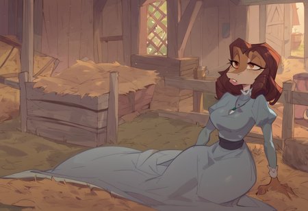 safe_pos, BeansPXL, jewelry, long sleeves, juliet sleeves, necklace, puffy sleeves, dress, blue dress, brown eyes, brown hair, short hair, drill hair, reptile girl, large breasts, narrow waist, wide hips, anthro lizard, scales, furry, female furry, sleeping on hay baile, on side, holding a big egg in a blanket, snoring, porch light, early evening, 
flat color, fca style, toon \(style\), 2d,score_9, score_8_up, score_7_up, score_6_up, farm house, fence,