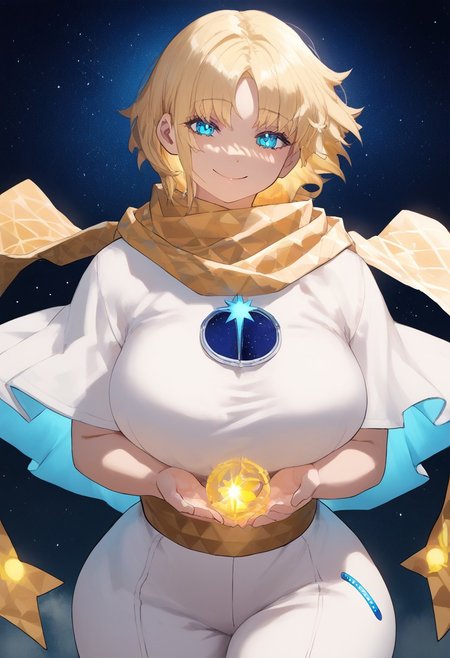 (score_9, score_8_up, score_7_up, perfect, high quality, best quality, ultra-detailed, very aesthetic, illustration, perfect composition, intricate details, absurdres, high res image, masterpiece, vibrant colors, beautiful face, detailed face, 1girl, solo focus, perfect eyes, detailed eyes, perfect hands), female, voyager, blonde hair, short hair, bangs, parted bangs, blue eyes, bright pupils, pale skin, thick thighs, (venus body, perfect body, large breasts), curvy body, huge hips, (baggy clothes, star (symbol), yellow scarf, scarf, short sleeves, tunic), (floating, smiling, slight blush, looking at viewer), (sky, starry background, space)