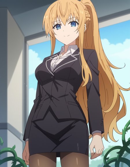 score_9, score_8_up, score_7_up, source_anime, <lora:artemisia-bell-ashcroft-s4s5-v2-ponyxl-lora-nochekaiser:1>, artemisia bell ashcroft, long hair, blue eyes, blonde hair, medium breasts, mature female, anime screencap, thighhighs, jacket, ponytail, pantyhose, formal, suit, skirt suit, black suit, office lady,, jungle, dense, wildlife, vines, green, smile, from below, looking at viewer, solo,, cowboy shot, solo