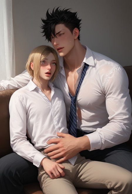 score_9, score_8_up, score_7_up, anime, ((2boys)), kuroo_x_kenma, multiple boys, yaoi, (( top short spiky black hair, bottom long blonde hair, black eyes, pensive expression, neutral, rating PG, PG)) toned male, kuroo as top, kenma as bottom, hung x twink, black eyes,
((bara, yaoi, duo((1man on 1boy, short black hair big dom, long blonde small sub)), manly dom)), muscular body, (((size difference))), five fingers hand, good arms, good face, open eyes, good eye, (masterpiece, best quality, best result), more object, more details,
hyper ((size difference)), yaoi, tall giant muscular man and skinny boy, very cute boy, tiny, blondlust, large hand on belly, hand pressing into belly, looking at another,
Macro detailed realism style photograph, soft lighting, Expressiveh, ((sofa, white shirt, white collared shirt, ties, clothes, formal pants, long sleeves, college sweat after Quidditch game,)), restraining, open mouth, heavy breathing, soft bright lighting, (feminine 
skinny short twink), masculine top