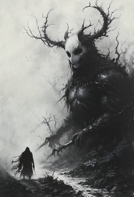 (masterpiece, best quality, hyper detailed, ultra realistic, 32k, RAW photo), masterful painting in the style of Anders Zorn | Marco Mazzoni | Yuri Ivanovich, Todd McFarlane, oil on canvas, perfect composition and chiaroscuro by Rembrandt, concept art by Mariusz Lewandowski, by Louis Aston Knight, by Karine Eibatova, by John Howe, by Jessica Rossier, by JarosÅaw JaÅnikowski, by Inessa Garmash, by HenriÃ«tte Ronner-Knip, by Harumi Hironaka,famous artwork inspired by (hollow knight:1.3) and (warren mahy:1.2) and (james r. eads:1.2) and (asher brown durand:1.4) and (abbott handerson thayer:1.3), detailed expressive eyes, fantasy style, in the heart of the jungle on planet "flarbellon x", the "dotted pergtider" with its eglorpified tentacles and its glowing regorbified eyes prowls through the shadows, surrounded by the ancient overgrown ruins of the wibbledymes and the swirling pools of thorgl <lora:Desolation:0.8> <lora:add-detail-xl:0.8>