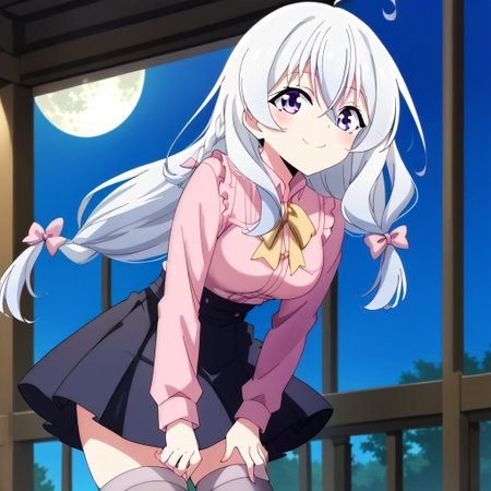 (score_9:0.9),score_8_up,score_7_up,rating_safe,anime style,(zPDXL),masterpiece, anime coloring) rating_safe, anime style, anime_screencap, source_anime,
BREAK source_anime, anime, best quality, masterpiece, rating_safe, uncensored, High quality, 8k, Ultra, 
BREAK (Balcony, night sky, moon, wind),
BREAK  1girl, Elaina (Majo no Tabitabi), long hair, hair between_eyes, blue eyes, purple eyes, white hair, ahoge, braid,
<lora:jirai kei_pony_V1.0:1> jirai kei, bow,pink shirt,black skirt,thighhighs,
BREAK  ((cowboy shot)),(leaning forward),(hand in own hair),(hand between legs),(from below),
busty breasts,
(medium breasts:1.2),looking at viewer, smile,
