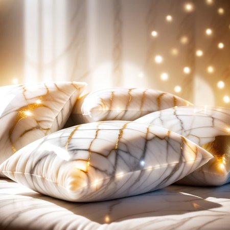 wholesome photo of comfortable and fluffy pillows made out of Jed-mrbl on a bed of gold, lightrays, godrays, lens flares, bokeh,