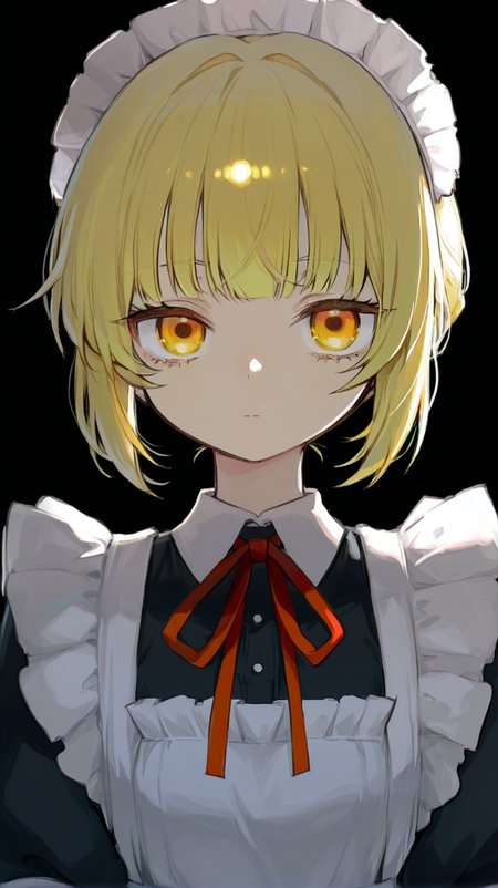 1girl, solo, looking_at_viewer, short_hair, bangs, blonde_hair, simple_background, ribbon, closed_mouth, yellow_eyes, upper_body, frills, apron, red_ribbon, orange_eyes, maid, maid_headdress, neck_ribbon, black_background