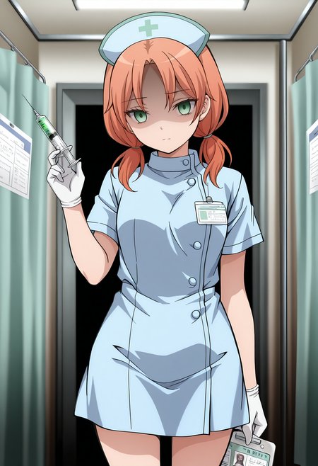 <lora:Hayami_Rinka:1>,Hayami_Rinka,1girl,orange hair,green eyes,low twintails,nurse,holding,yandere,expressionless,shaded_face,syringe,medical record,masterpiece,best quality,amazing quality,very aesthetic,absurdres,newest,depth_of_field,hospital,indoor,