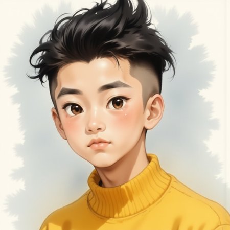 1boy, shaved head, black hair, dark brown eyes, Asian appearance, yellow sweater,zydInk