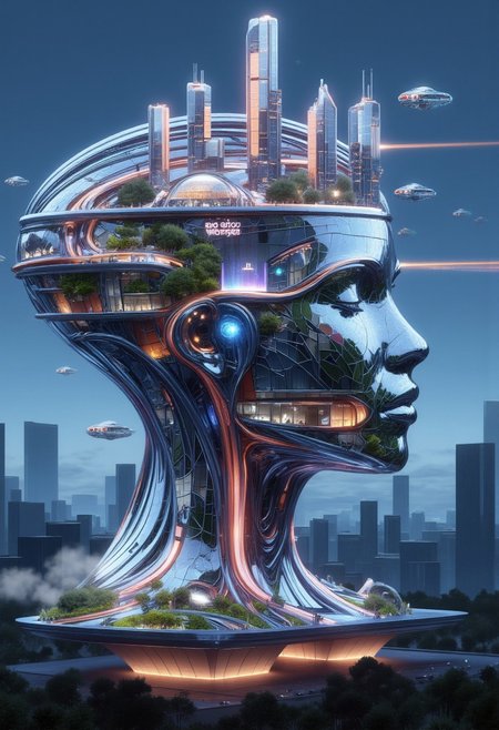 A retro-futuristic cityscape forms the massive profile of a serene, glass woman’s head, seamlessly blending human features with intricate architectural elements. Her face serves as the city’s foundation, with towering skyscrapers on her forehead and temples, glowing with neon windows. Her hair flows as metallic structures and bridges, interwoven with train tracks, suspended walkways, and glowing signs. Smaller buildings cascade along her jawline, creating a harmonious urban sprawl.
The city is alive with detail: tiny figures move across her cheekbone plazas, bustling markets thrive on her lips, and balconies line her nose and chin. Flying vehicles zip through the air, leaving colorful light trails as they navigate the futuristic skyline. Art deco-inspired facades and chrome accents dominate, giving the city a bold, vibrant aesthetic. Her closed eyes shimmer as reflective glass, and her ears double as observation decks.
Her collarbone extends into a grand platform supporting monuments and lush gardens, while steam rises gently from vents near her temples, giving her a lifelike presence. The moody, dusky sky glows with light from the city and hovering vehicles, blending natural beauty with advanced technology. The entire scene evokes a sense of awe, a vision of humanity’s integration with architecture.