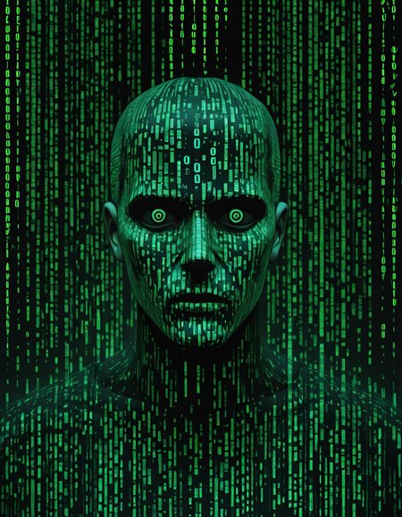 detailed, mmatrix-style, silhouette, code, text focus, glitch, digital dissolve, 1boy