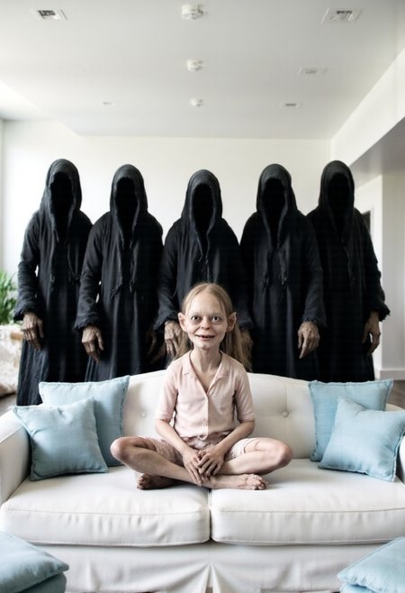 In a modern, brightly lit living room, create a surreal scene with five Nazgûl standing ominously behind a white couch. The Nazgûl, cloaked in dark, shadowy robes, form a semi-circle, their faceless hoods exuding an air of menace as they loom over the scene. Seated directly on the white couch is Smeagol, cross-legged and smiling innocently. He wears a very light pink shirt, styled with playful blonde pigtails, and his hands are carefully hidden within his lap to maintain a clean, polished look. The room is sleek and modern, with pristine white furniture, light blue accent pillows, and soft natural light illuminating the space. The stark contrast between the dark, foreboding Nazgûl and the cheerful, childlike Smeagol on the couch creates an unsettling yet whimsical tension