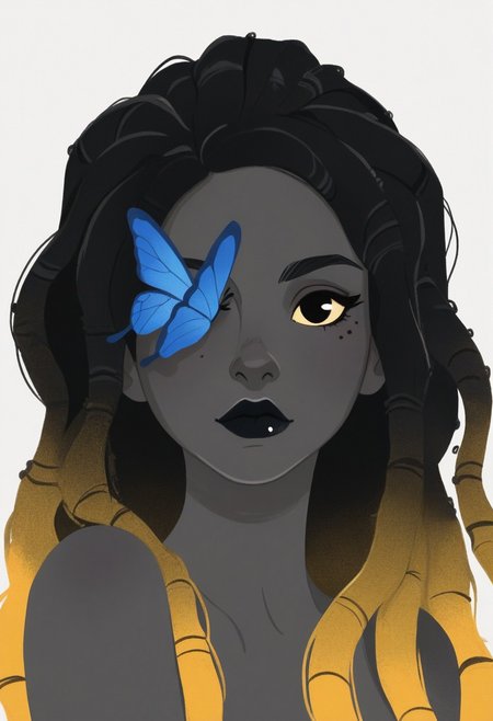 MSMLN, masterpiece, best quality, newest, absurdres, highres, very awa, anime screencap, film grain, limited palette, ambient occlusion, depth of field, simple background, ZWF0, eye focus,golden colored eye, painting \(medium\), sexy, slutty, hot, aroused, 
, eye focus,golden colored eye, painting \(medium\), 1girl,dark skin , solo, greyscale, white background, long hair, dreadlocks, simple background, closed mouth, bug,blue butterfly covering one eye, lips, black lipstick, bitting lips, mole,  realistic, mole under eye, expressionless, looking at viewer, upper body, realistic, mole under eye