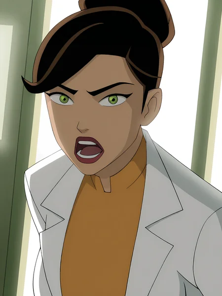 <lora:Rebecca_Holiday:0.8>, rebecca_holiday, 1girl, solo, green eyes, brown hair, hair bun, red lips, lab coat, shirt tucked in, serious, nervous, open mouth, teeth, looking at viewer, standing, leaning forward, portrait, indoors, window, backlighting