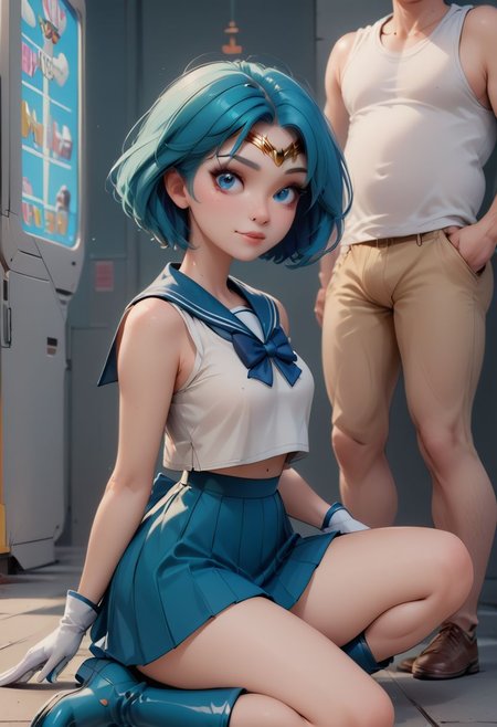 1girl, 1man,  score_9, score_8_up, score_7_up, sitting, (((pinup girl pose))), (((focus on face))),
30 year old man, (Spider-Man), man standing over girl, 
20 year old woman, (((petite))), a sexy woman looks up at man, in a video arcade, wearing a cute outfit, sailor senshi uniform, ((pointy blue boots)), (dark blue sailor collar), (big blue bowtie), ((dark blue pleated skirt)),(sleeveless white shirt), (long white gloves), (gold circlet), video games in background, arcade background, ((aqua blue hair)), ((short bob hair)), (dark blue eyes)heavy eyeliner, creamy white skin, EGirlMakeup, neon colors, small breasts, perky nipples, perfect face, thin waist, bubble butt,
score_9,score_8_up,score_7_up,very aesthetic , rating_questionable, (masterpiece:1.4), (best quality), (colorful), (detailed) dramatic angle, unique perspective, unique angle, ((comic book angle and perspective)), ((wide shot))