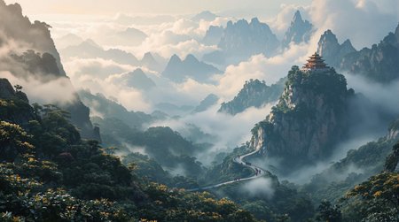 south china mountains, high slopes, foliage and fog, pilgrims on a road in the distance, distant temple on a mountaintop, epic fantasy scene, hyperdetailed, superb quality, cinematic, tranquil vibe
