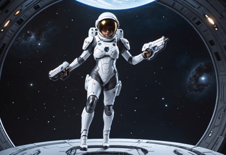 masterpiece, best quality, ultra-detailed, girl infull body futuristic space suit, holding guns, space backround, flying