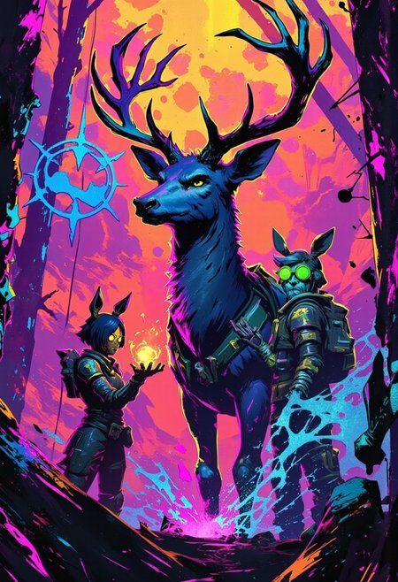Beautiful art in the style of limbo game, Meeting a giant benevolent deer in the forest