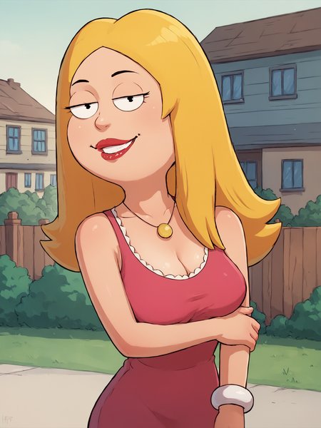 <lora:francinePony20epochs:1> francine,flat color,  blonde hair, 1girl, long hair, white braclet, breasts, solo, necklace, cleavage, pink dress, dress, red lips, standing,looking at viewer,outdoors, upper body,   breasts, smile,   score_9, score_8_up, score_7_up, score_6_up, score_5_up, score_4_up