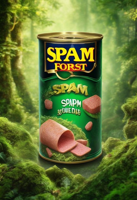 High quality, detailed,  photo-realistic can of spam, enchanted forest background, detailed background, object focus, cinematic lighting, jade