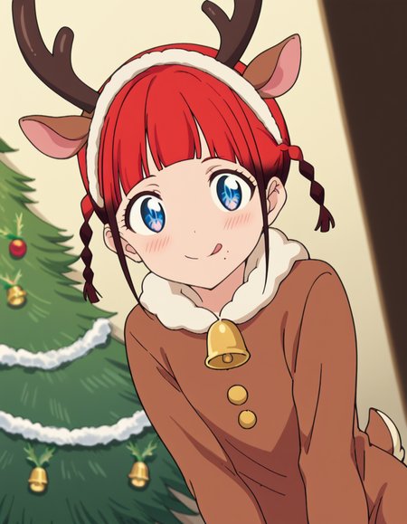 score_9, score_8_up, score_7_up, source_anime, <lora:chise-asukagawa-s1-ponyxl-lora-nochekaiser:1>, chise asukagawa, short hair, blue eyes, braid, red hair, multicolored hair, mole, twin braids, gradient hair, mole under mouth, anime screencap,, <lora:reindeer-costume-ponyxl-lora-nochekaiser:1>, reindeer costume, animal costume, reindeer antlers, antlers, fake antlers, reindeer hood, christmas, red nose, deer ears, deer tail, christmas tree, bell, horns, reindeer,, blush, smile, tongue out, looking at viewer,, , dutch angle, cowboy shot