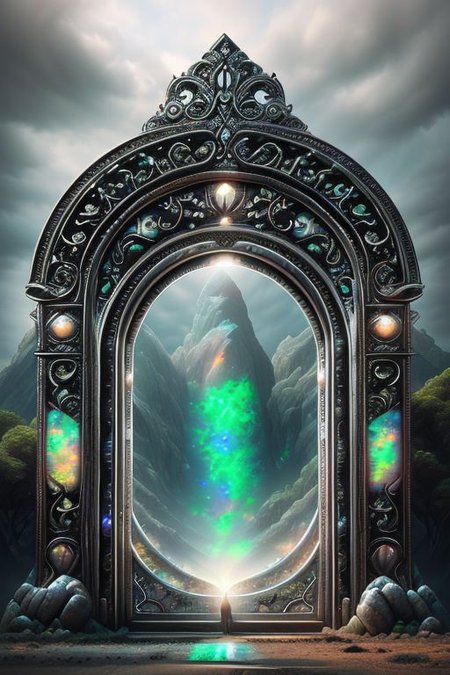 Hyperrealistic art, lush green wooded mountain pass landscape, a fantasy glowing Vivid multi-colored Runes covered ((silver)/(black ral-opal)) Circular gate (portal:1.3), a detailed matte painting by Mike Winkelmann, cgsociety, fantasy art, blue sky, Extremely high-resolution details, photographic, realism pushed to extreme, fine texture, incredibly lifelike