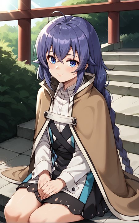 score_9, score_8_up, score_7_up, BREAK
Capelet_RoxyMigurdia_ownwaifu, 
1girl, blue eyes, blue hair, brown capelet, capelet, roxy migurdia, white dress, long hair, hair between eyes, braid, twin braids, brown cape, crossed bangs, long sleeves, bangs, black skirt, white shirt, dress, collared shirt, shirt, cloak,
(sitting on stairs, dappled sunlight), summer, torii, stairs, stone lantern, sunlight, pavement, outdoors,<lora:PONYXL_MushokuTensei_RoxyMigurdia_ownwaifu:0.80>, solo,