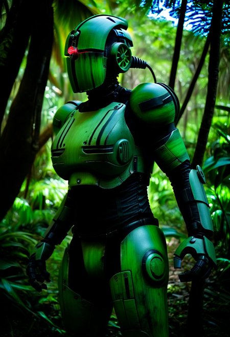 easynegative, extremely detailed, dark, chiaroscuro, low-key, AssaultronCosplay, zavy-strps, a green assaultron robot, ((the assaultron has black stripes painted on its armor)), ((tiger stripe pattern)), in the jungles of vietnam