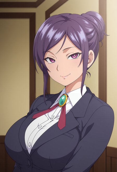 1girl,solo,mm,mature female,purple hair,purple eyes,large breasts,hair bun,single hair bun,anime coloring,
formal,jacket,blazer,brooch,upper body, looking at viewer, smile,indoors
,masterpiece,best quality,amazing quality,<lora:Tomoe-moonflower:0.8>