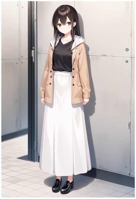 solo, standing, white skirt, long skirt, brown jacket, open jacket, hoodie, hood, casual, long sleeves, hooded sweater, hood down, white jacket, hooded jacket, black sweater, black shirt, white border, border shirt, black shoes, <lora:KC_04AC_akagi_pony:0.8> akagikc, black hair, brown hair, straight hair, brown eyes, black eyes, bangs, long hair, hair between eyes, sidelocks,, score_9,score_8_up, score_7_up, source_anime, masterpiece, best quality,  official art, official style, game cg, megami magazine, rating_safe, rating_questionable, <lora:Fixhands_anime_bdsqlsz_V1:0.75>,