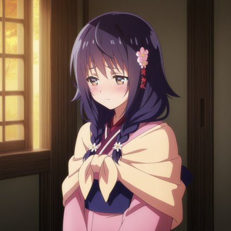 nsfw, masterpiece, best quality, 1girl, solo, seirei_gensouki_sayo, twin braids, braid, japanese clothes,  kimono, hair ornament, hair flower, brown eyes, long hair, blush, purple hair, blue hair, indoors, <lora:Sayo_-_Seirei_Gensouki:0.7>