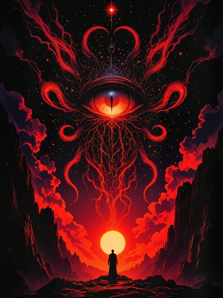 famous masterwork fantasy digital painting, hyper-realistic, photo-realistic, ultra detailed, high resolution, uhd, 8k, 4k, epic, highly aesthetic, dramatic, accurate, golden ratio composition, at night, dim lighting, countless threads enfold before me, one thousand strands of gold, i soar to new planes, a stunning singularity, a righteous cessation, i am nameless yet others name me, an epithet to fathom, i live on the wind, grandeur i no longer need, once sigma, severed, now omega, deserved, a mortal state, obsolete, new paradigm, divine, eye in the sky, maddening beauty, writhing appendages, ancient evil, arcane sigils, high contrast, the color palette is predominantly black and shades of red, lovecraftian, cthulhu mythos, aidmafluxpro1.1, arsmoviestill, 80s fantasy movie still, <lora:flux_pro1.1_detailer-v0.3-flux-by_aidma:0.6> <lora:style-80s_fantasy_movie-v3-flux-by_arsmachina:0.64>