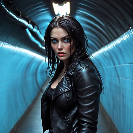 <lora:2000s_Crime_Thriller_MovieSDXL:1> ArsMovieStill, movie still from a gritty, high-contrast 2000s crime thriller movie, The image shows a woman in a black leather jacket standing in a tunnel illuminated by a few lights attached to the ceiling., 1girl, solo, realistic, long hair, black hair, looking at viewer, blue eyes, jacket, leather jacket, cyberpunk