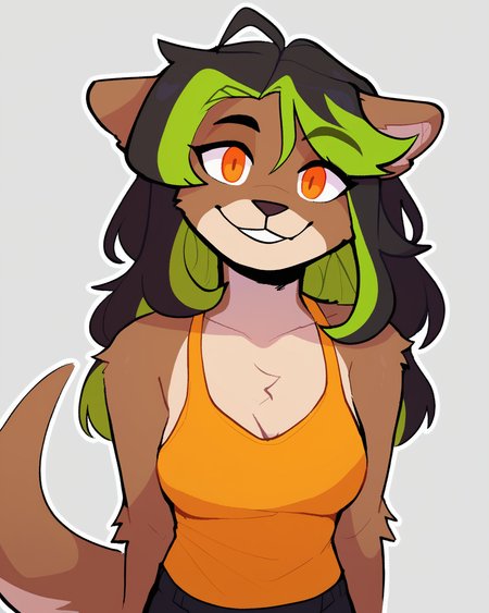 score_9_up, score_8_up, score_7_up, score_6_up, by remanedur, furry, furry female, half-length portrait, medium breasts, orange eyes, brown fur, female, looking at viewer, tail, orange tank top, black shorts, long tail, long hair, multicolored hair, green highlights, solo, smile, three-quarter view, head tilt, simple background, white outline,  <lora:PDXL_artist_tags_v2_big:0.5> <lora:The-Minuscule-Task_PDXL_v1.0:0.6>  <lora:Mango_mangoafterdawn:0.45>