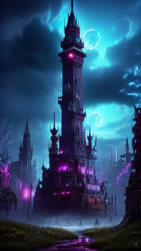 Neon noir, 
Gothic style, 
Masterwork Painting, Magnum Opus, 
 <lora:Wizard_Tower:0.75> witow, castle, cloud, cloudy sky, grass, no humans, scenery, sky, tower, tree, 
<lora:Fantasy_Mountains:0.75> fanmou, footprints, forest, grass, nature, no humans, outdoors, sky ,
  highres, 8k, uhd, High Dynamic Range, tonemapping, crisp details,  intricate details, fine details,
. Dark, mysterious, haunting, dramatic, ornate, detailed,
. Cyberpunk, dark, rainy streets, neon signs, high contrast, low light, vibrant, highly detailed
